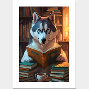 Siberian husky reading book Posters and Art